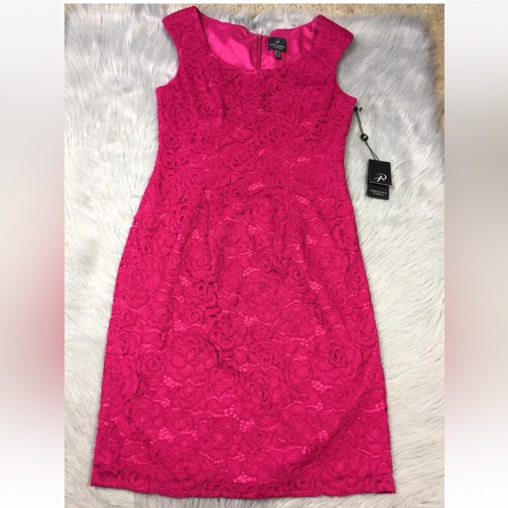 Adrianna Papell Pink Lace Yoke Sheath Sleeveless Dress Sz 4